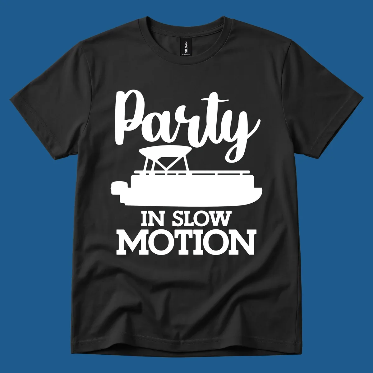 Pontoon boat illustration with text "Party IN SLOW MOTION" for pontoon party motion.
