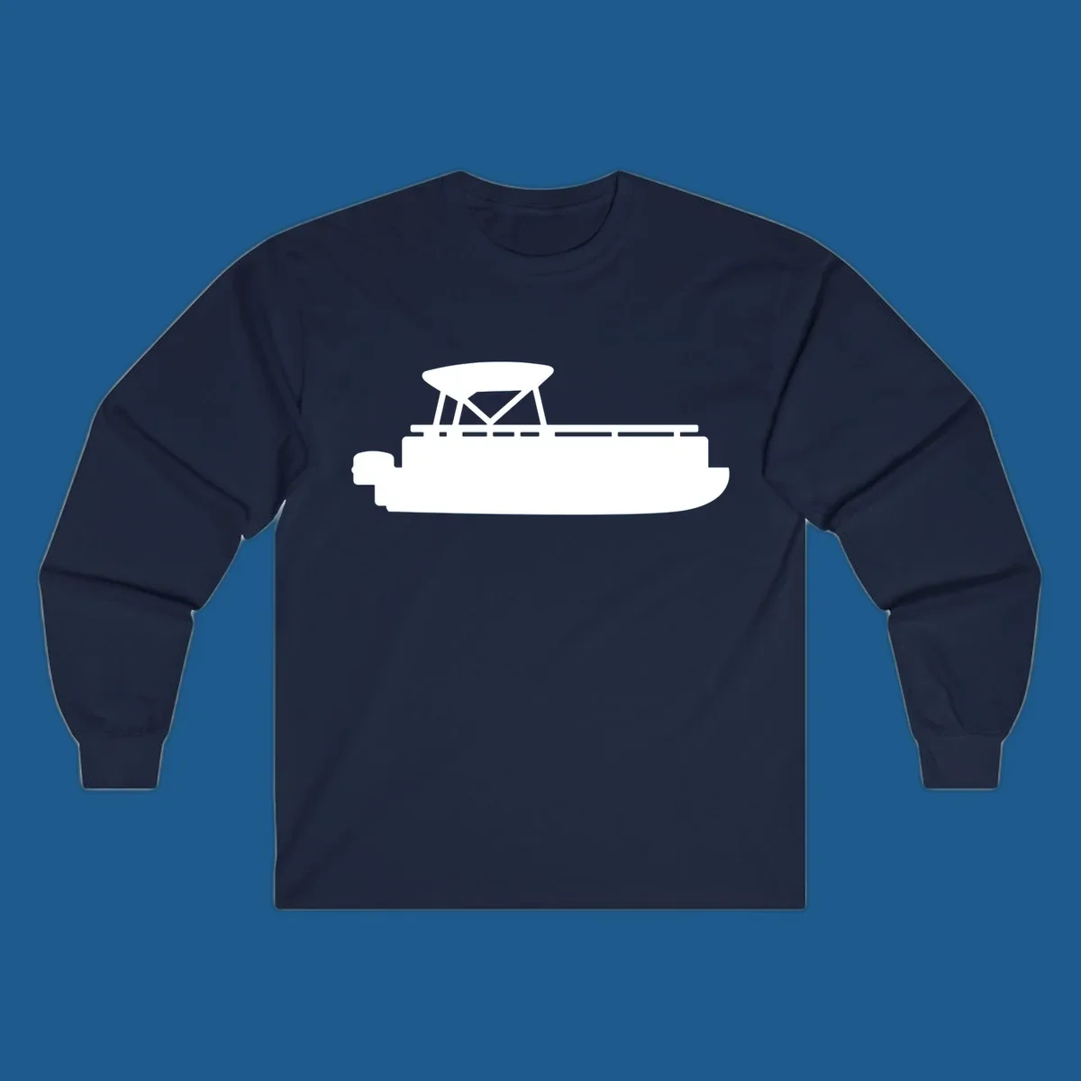 White silhouette of a pontoon boat with canopy on black background, pontoon boat lifestyle.