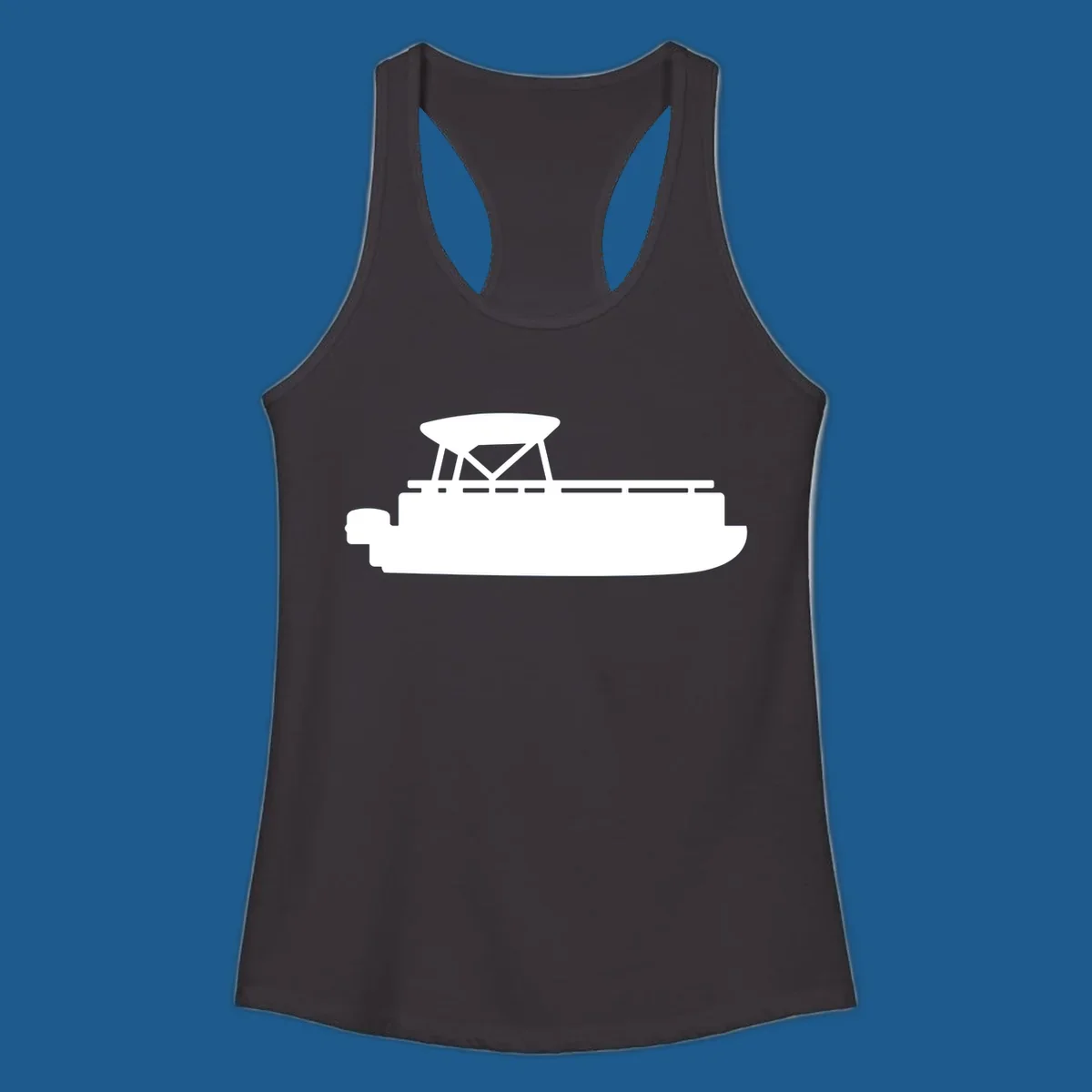 White silhouette of a pontoon boat with canopy on black background, pontoon boat lifestyle.