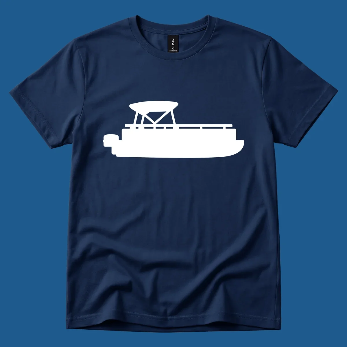White silhouette of a pontoon boat with canopy on black background, pontoon boat lifestyle.