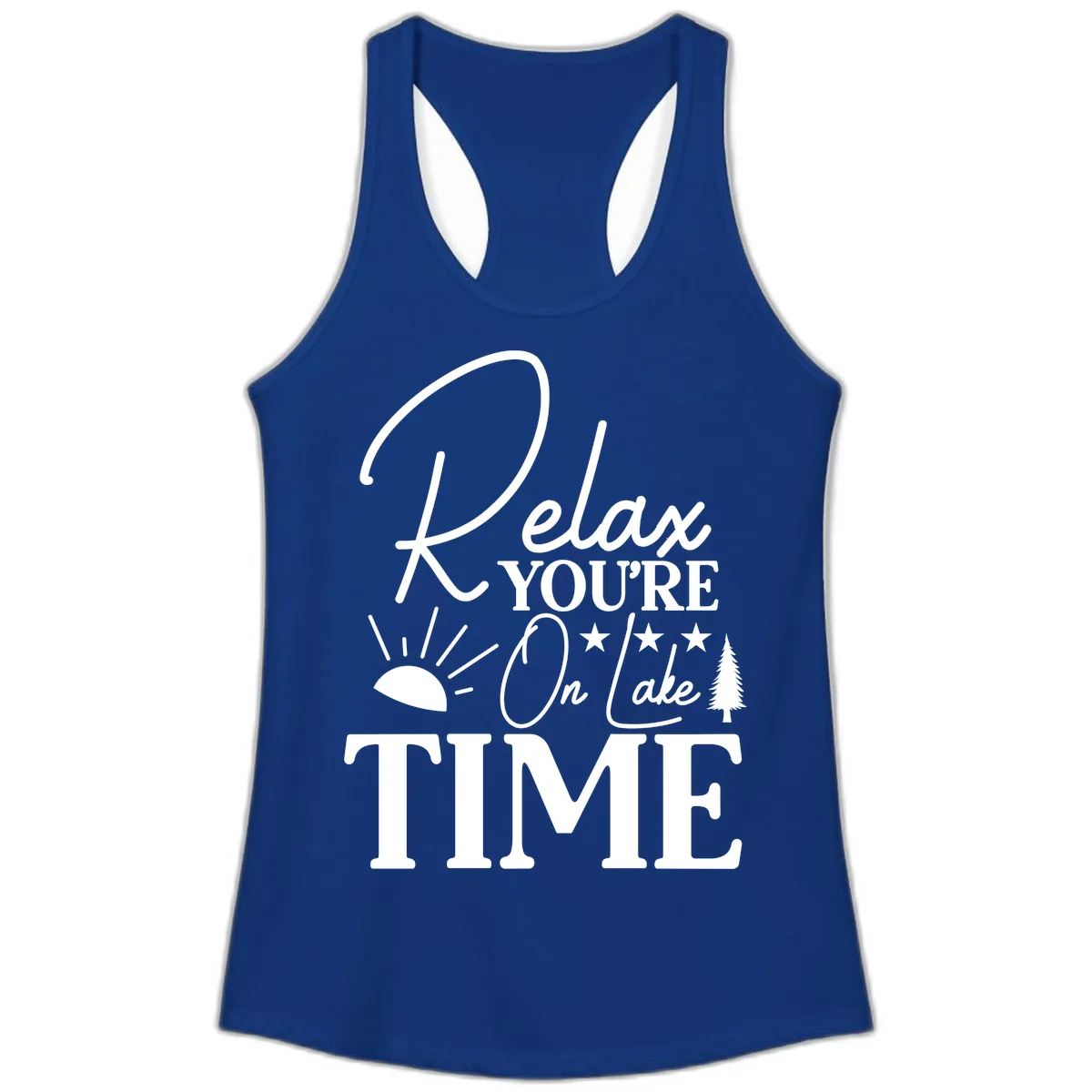 Relax You're On Lake Time Ladies Tank in Solid Royal