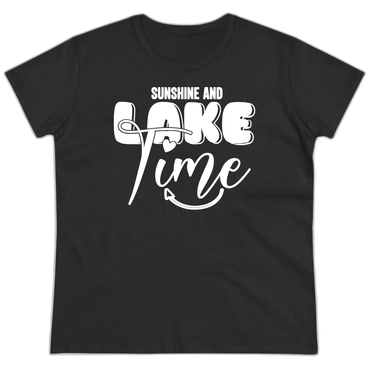 Sunshine And Lake Time Typography Ladies Tee in Black