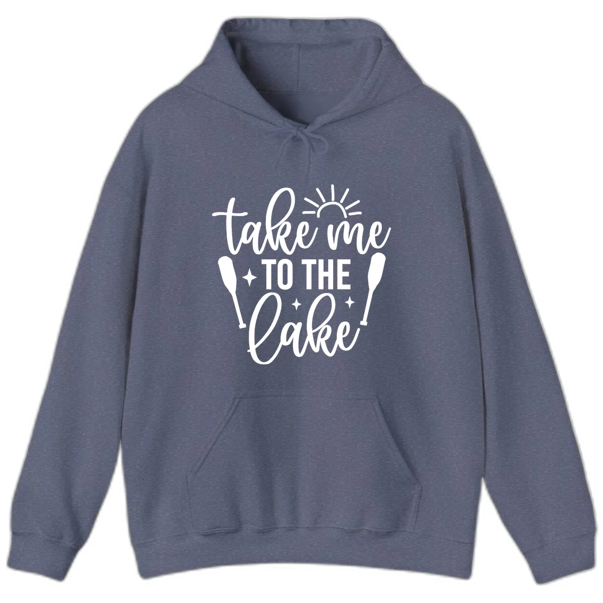 Take Me To The Lake Typography Design Hoodie in Heather Navy