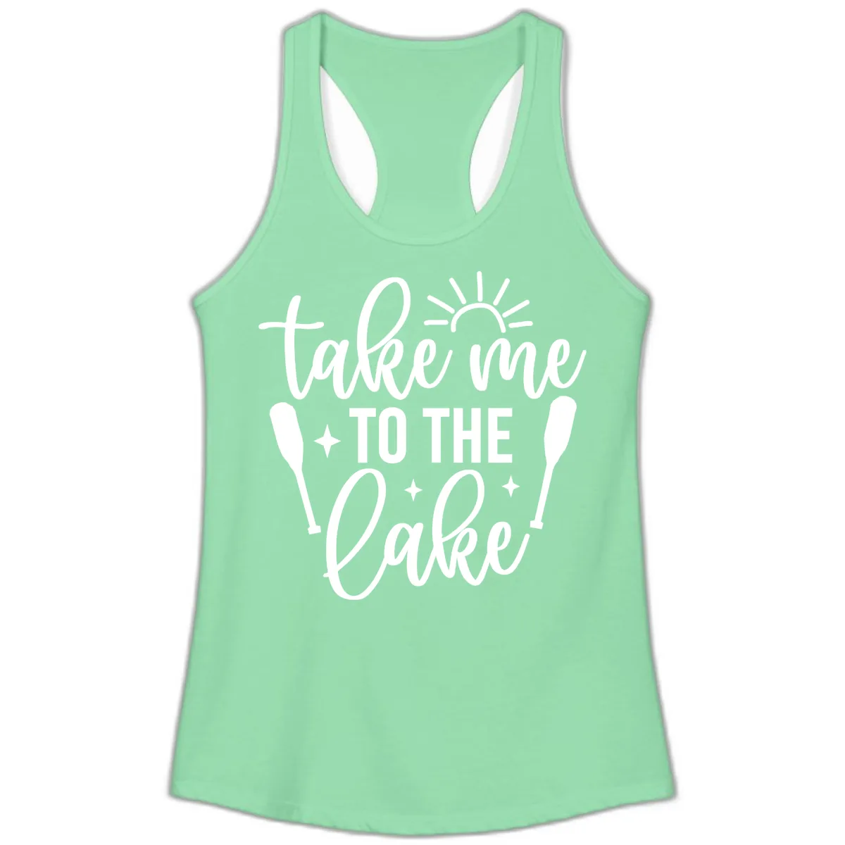Take Me To The Lake Typography Design Ladies Tank in Solid Mint