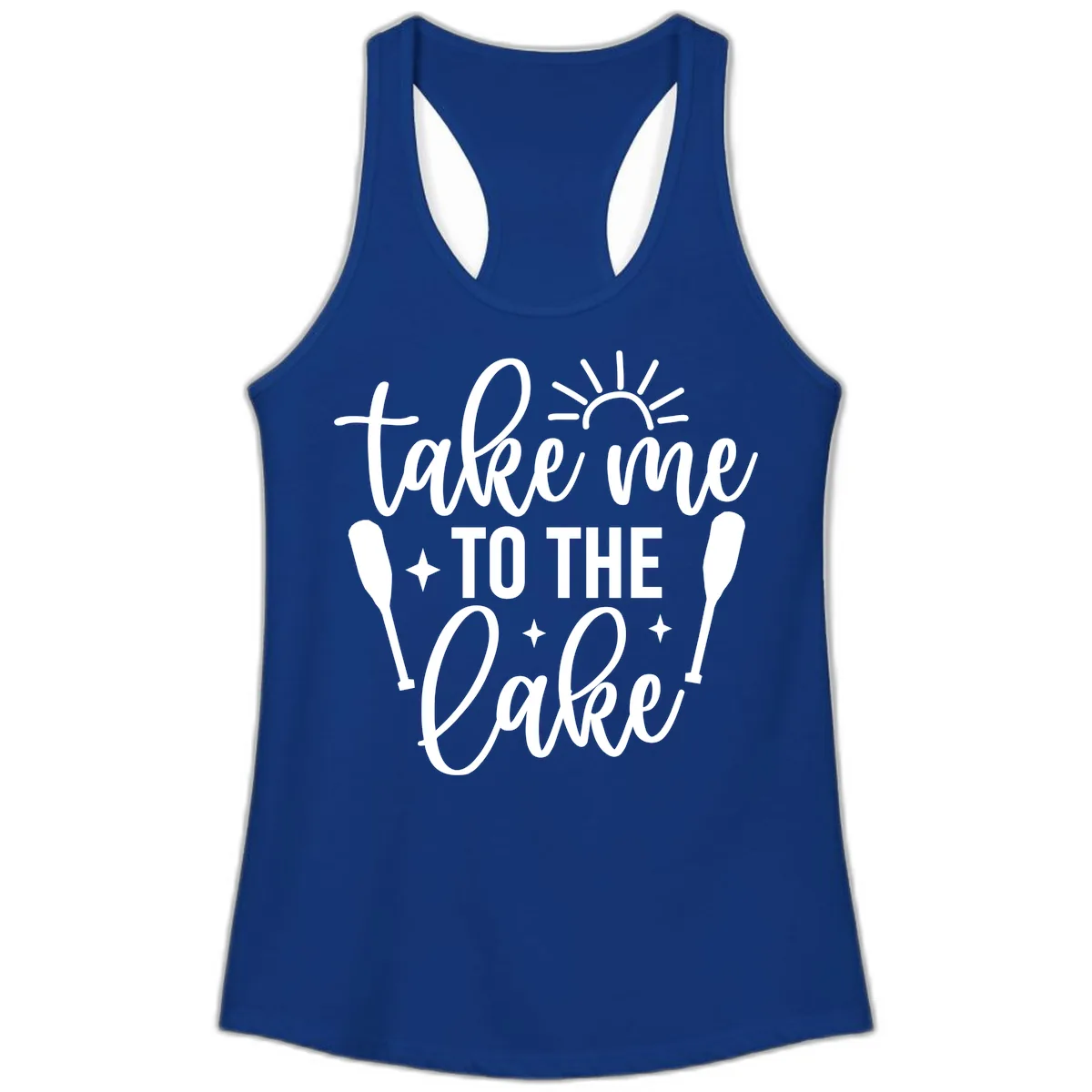 Take Me To The Lake Typography Design Ladies Tank in Solid Royal