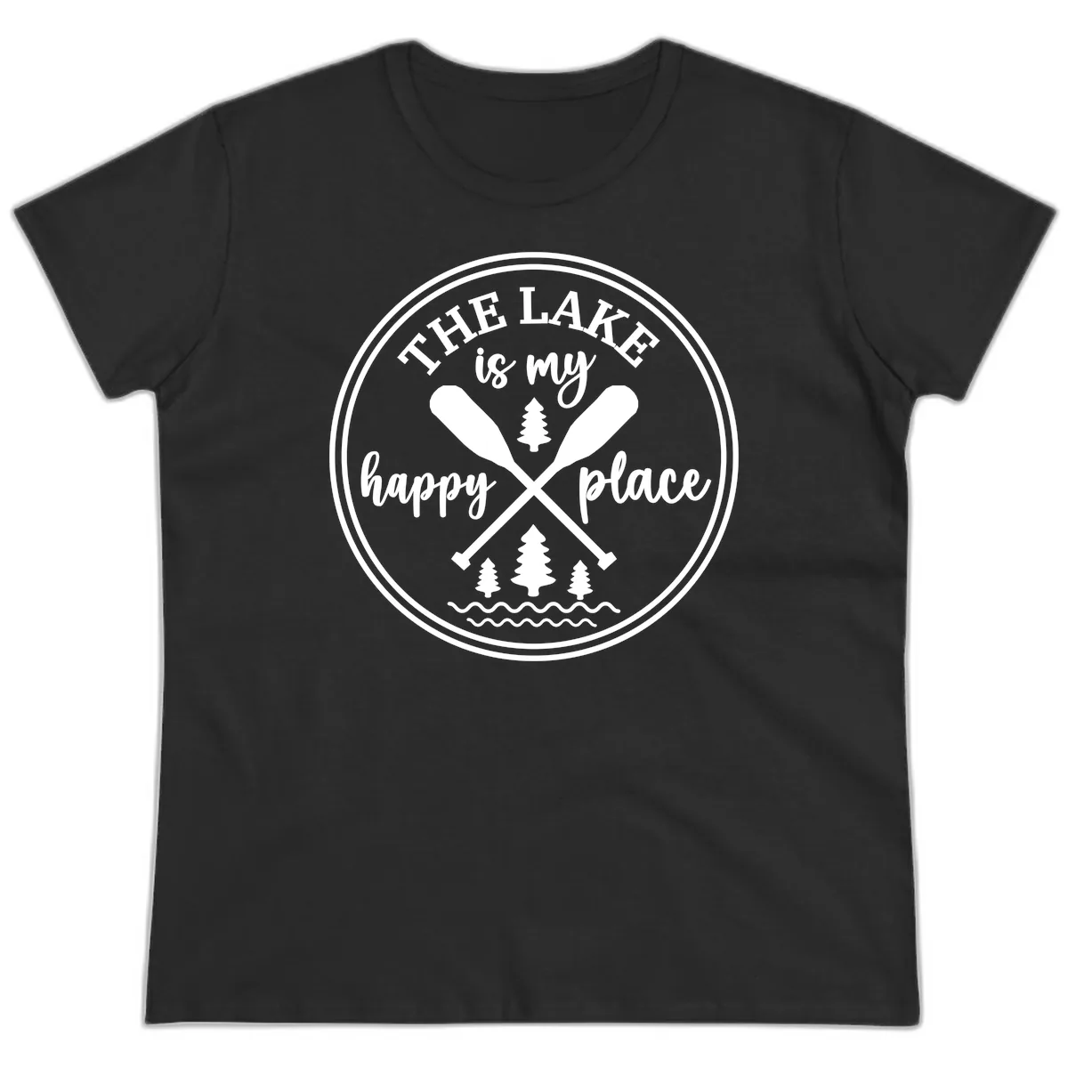 The Lake Is My Happy Place Design Ladies Tee in Black