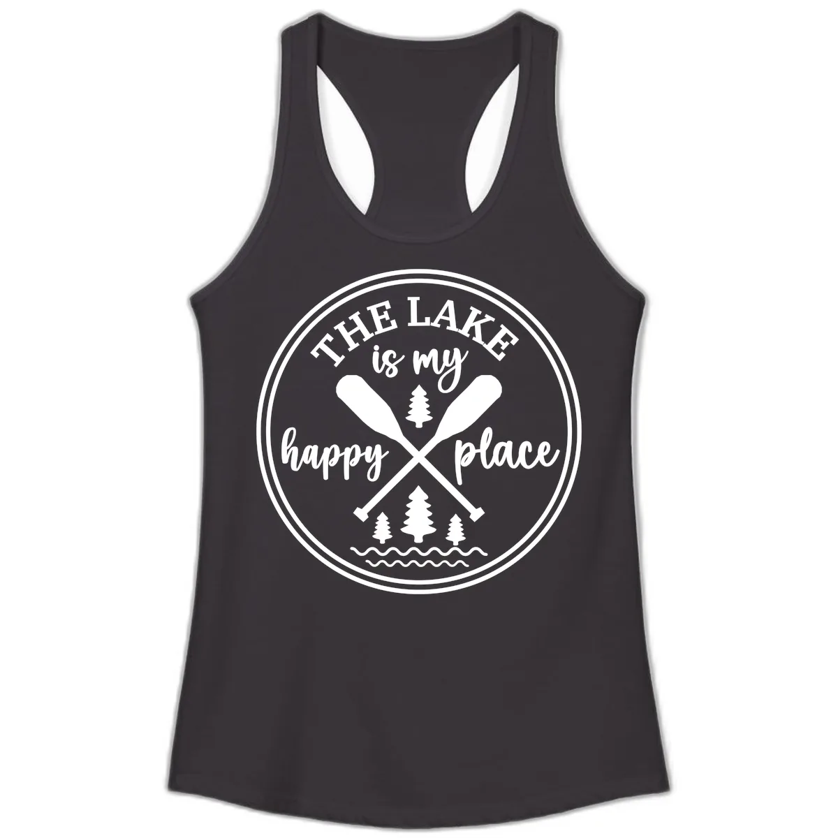 The Lake Is My Happy Place Design Ladies Tank in Black