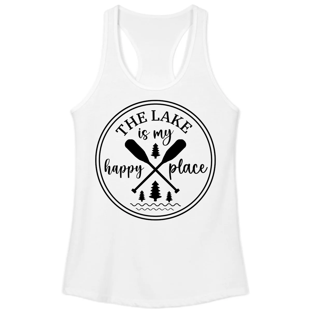 The Lake Is My Happy Place Design Ladies Tank in White