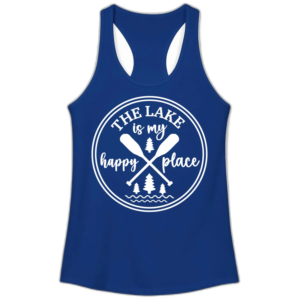 The Lake Is My Happy Place Design Ladies Tank in Solid Royal