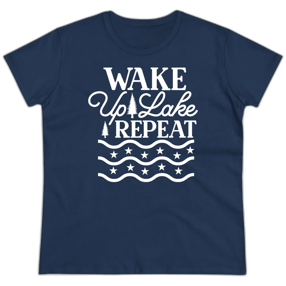 Wake Up Lake Repeat Lifestyle Design Ladies Tee in Navy