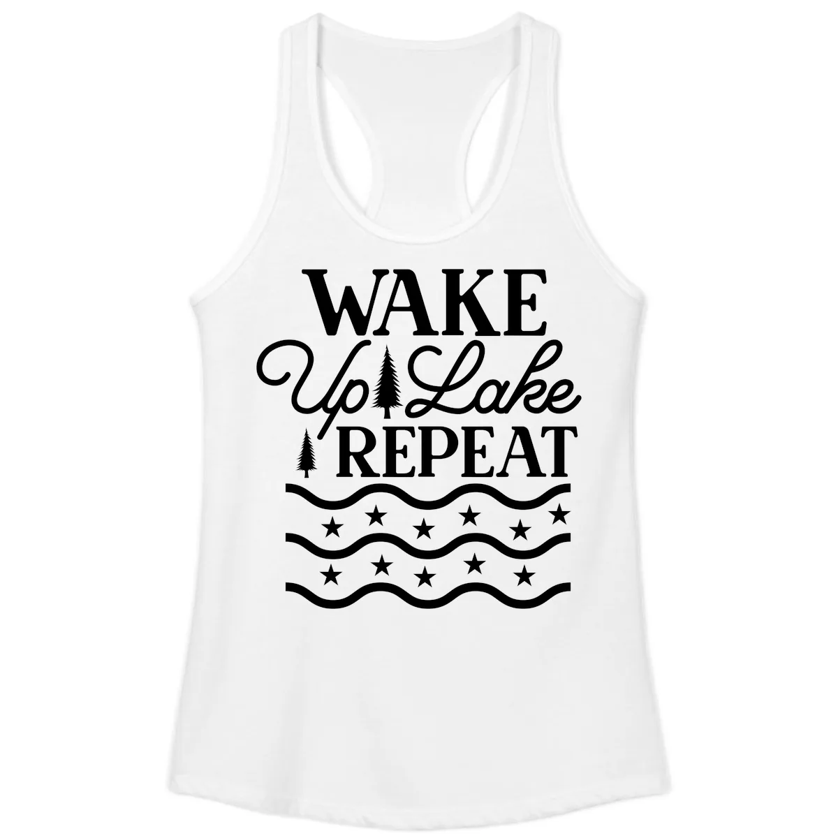 Wake Up Lake Repeat Lifestyle Design Ladies Tank in White