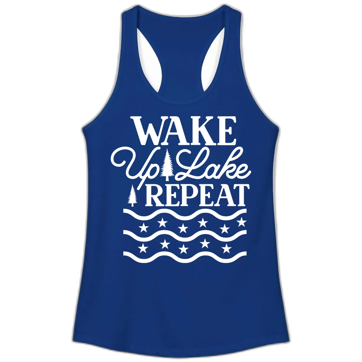 Wake Up Lake Repeat Lifestyle Design Ladies Tank in Solid Royal