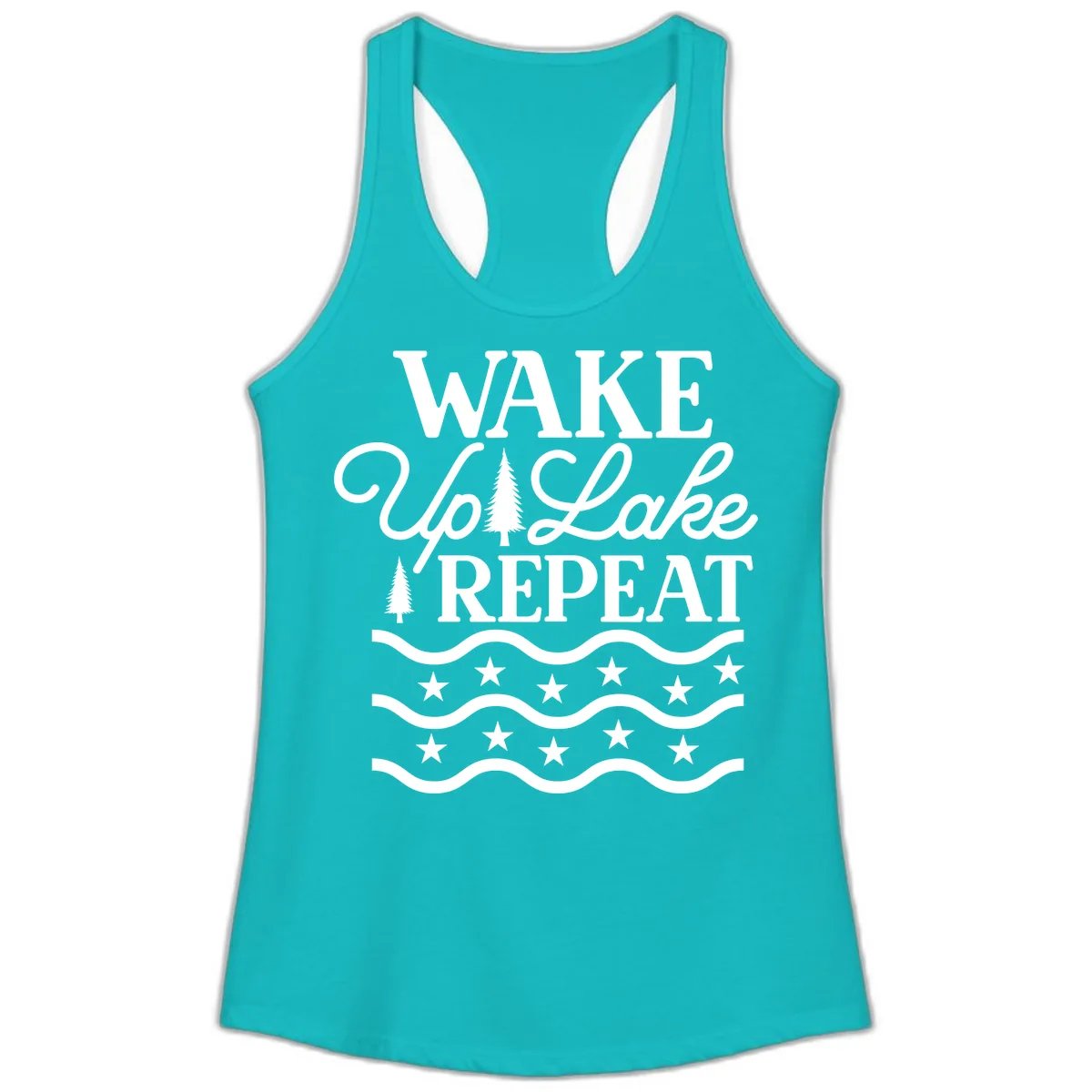 Wake Up Lake Repeat Lifestyle Design Ladies Tank in Tahiti Blue