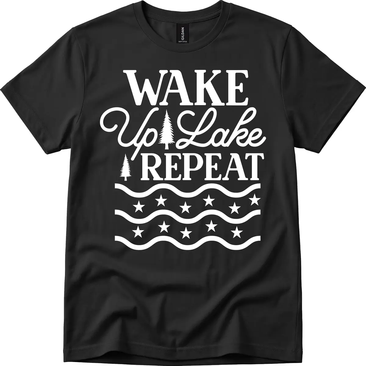 Wake Up Lake Repeat Lifestyle Design T-Shirt in Black