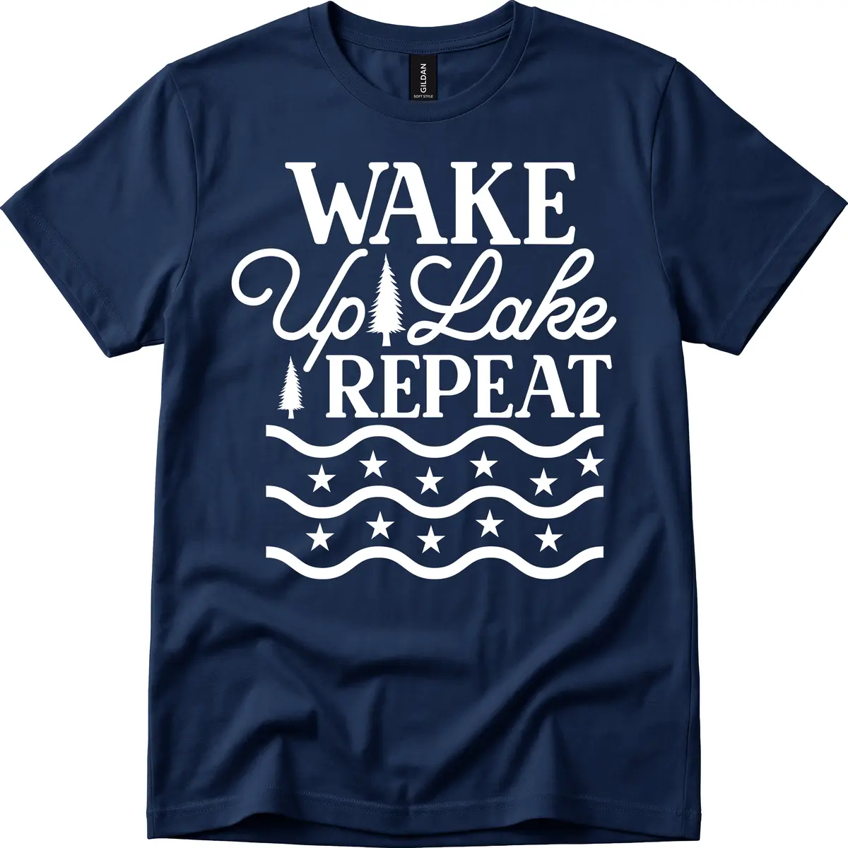 Wake Up Lake Repeat Lifestyle Design T-Shirt in Navy