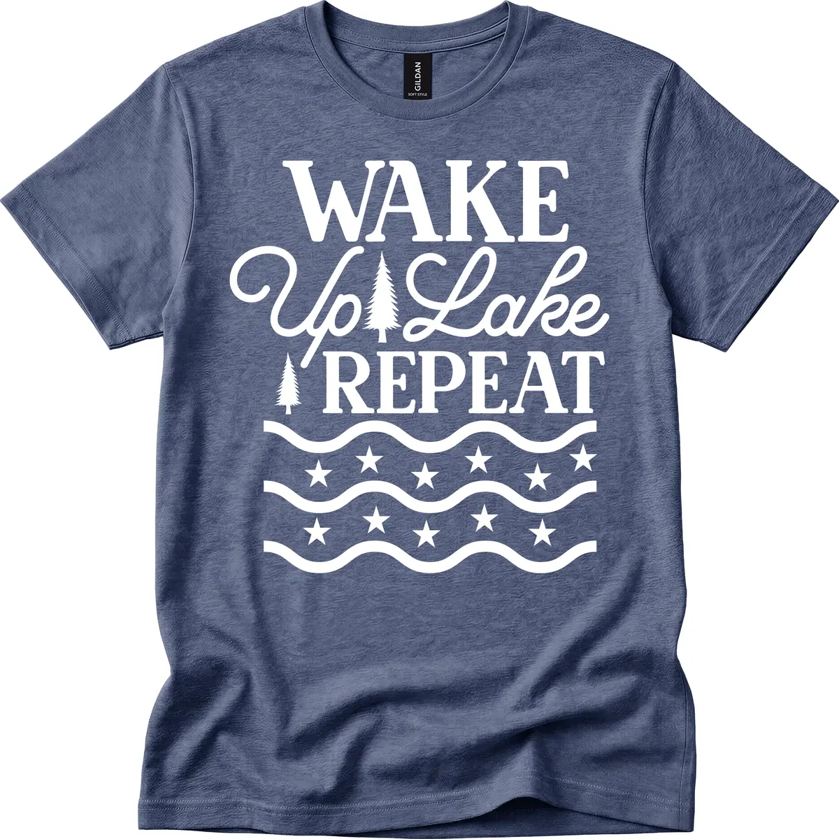 Wake Up Lake Repeat Lifestyle Design T-Shirt in Heather Navy