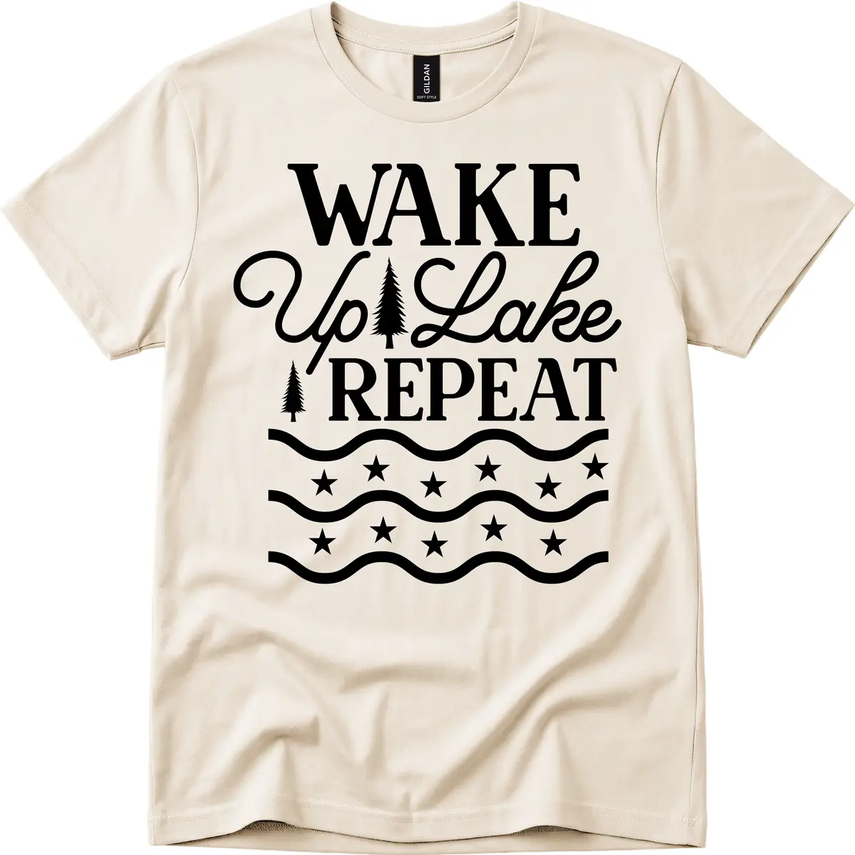 Wake Up Lake Repeat Lifestyle Design T-Shirt in Natural