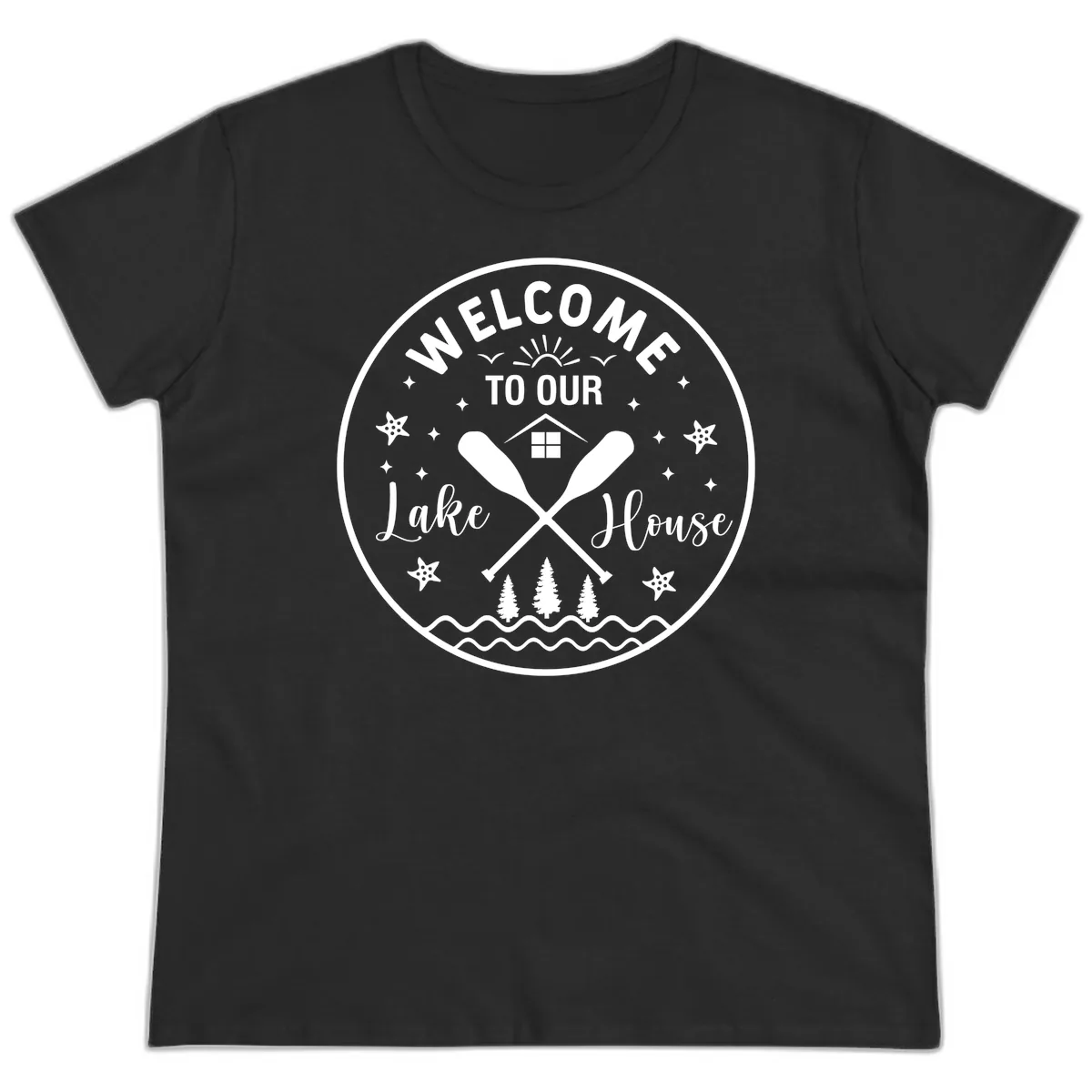 Welcome To Our Lake House Round Design Ladies Tee in Black