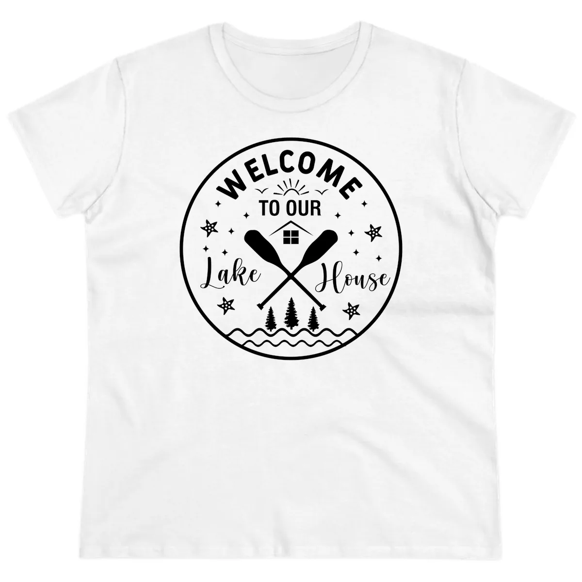 Welcome To Our Lake House Round Design Ladies Tee in White