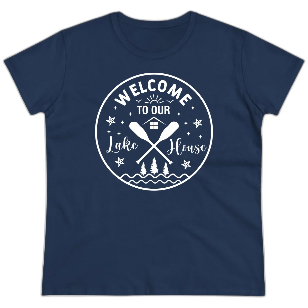 Welcome To Our Lake House Round Design Ladies Tee in Navy