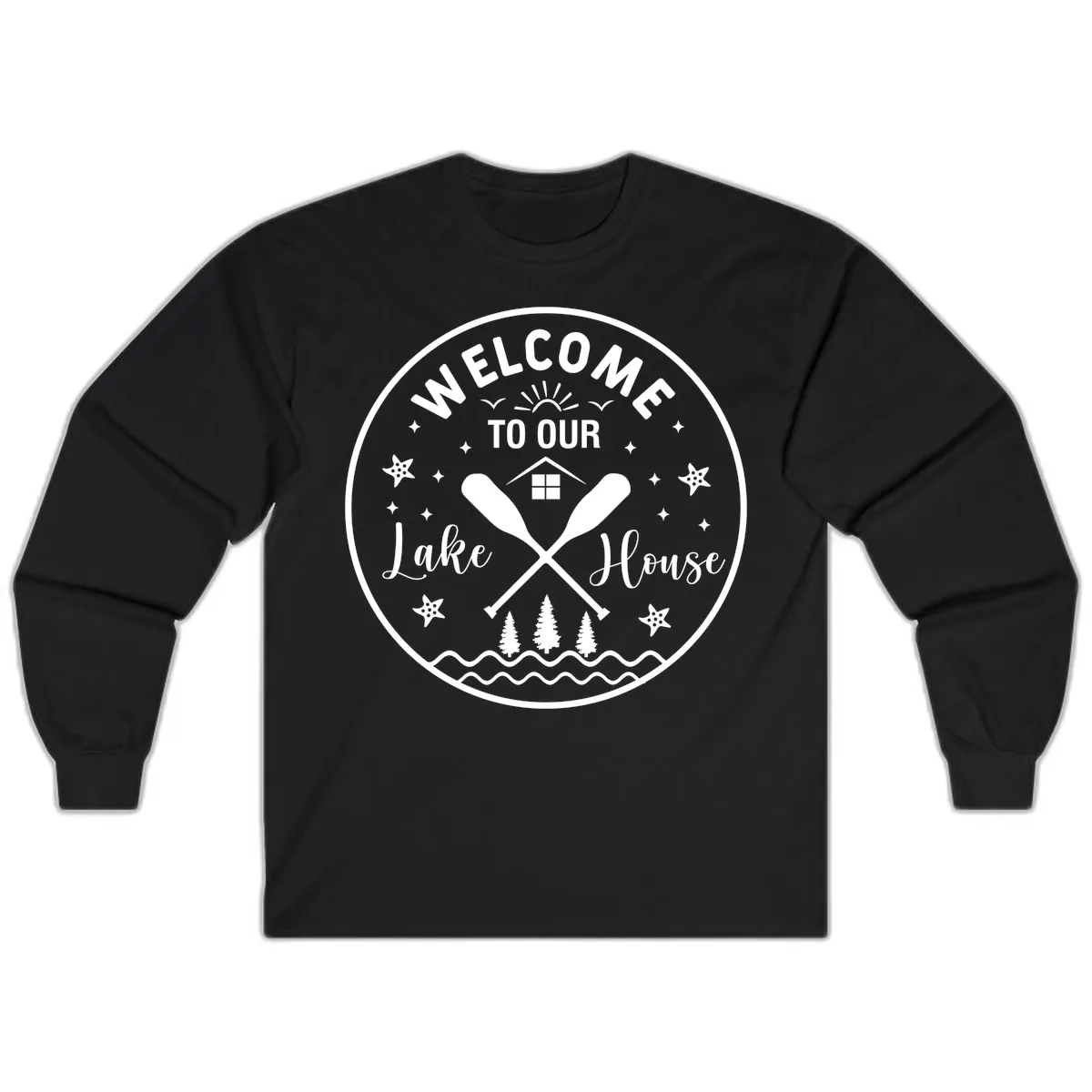 Welcome To Our Lake House Round Design Long Sleeve in Black