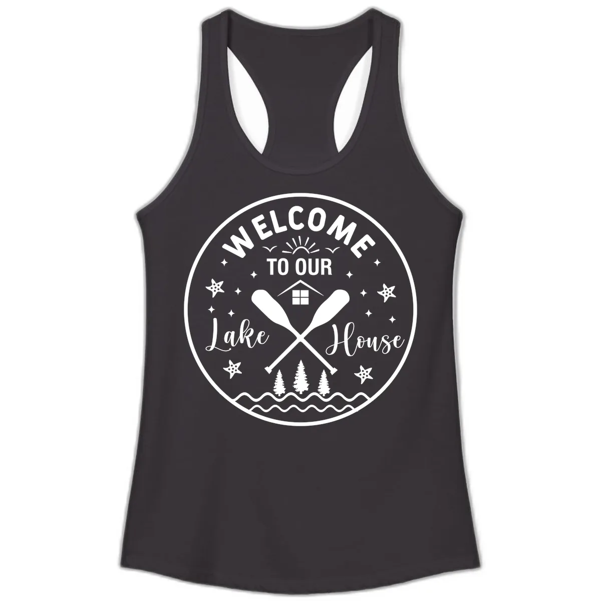 Welcome To Our Lake House Round Design Ladies Tank in Black