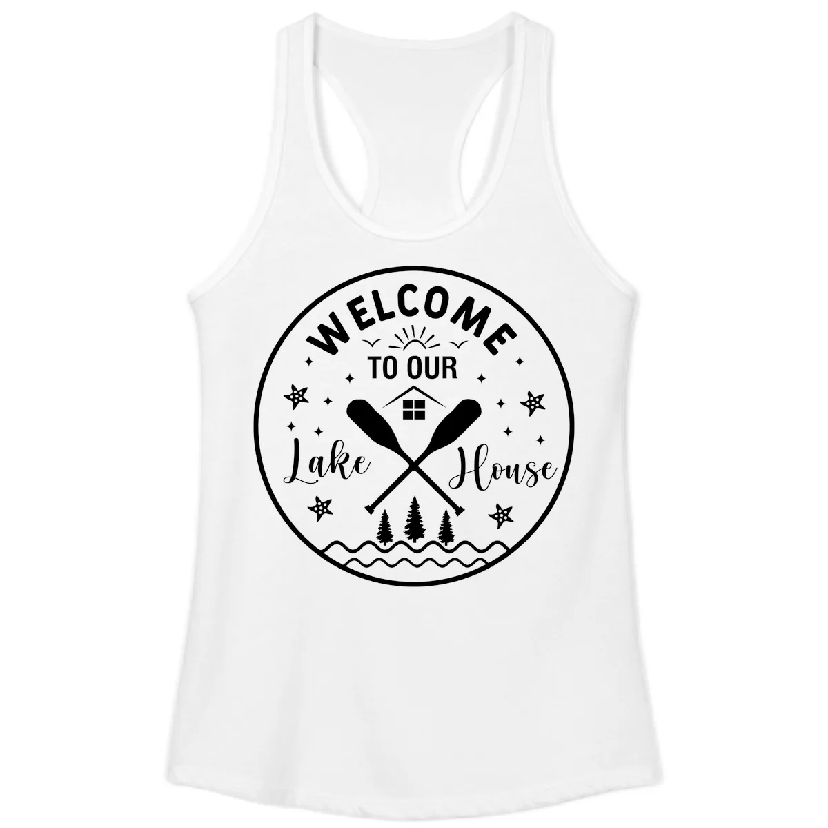 Welcome To Our Lake House Round Design Ladies Tank in White