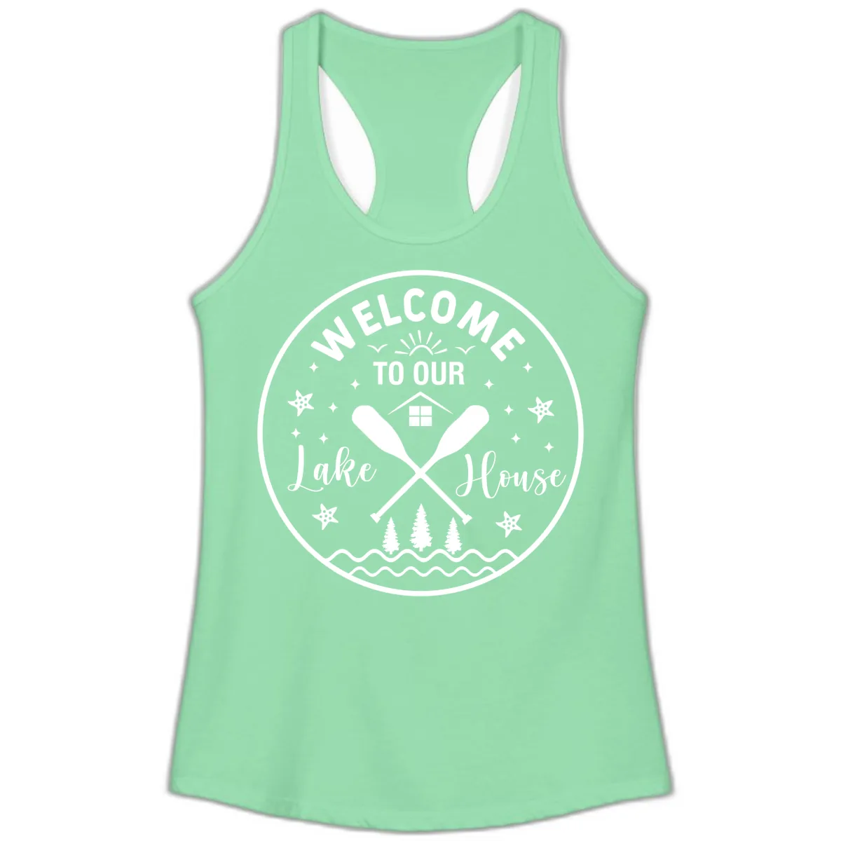 Welcome To Our Lake House Round Design Ladies Tank in Solid Mint