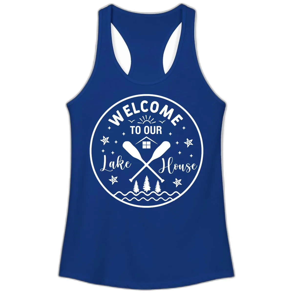 Welcome To Our Lake House Round Design Ladies Tank in Solid Royal
