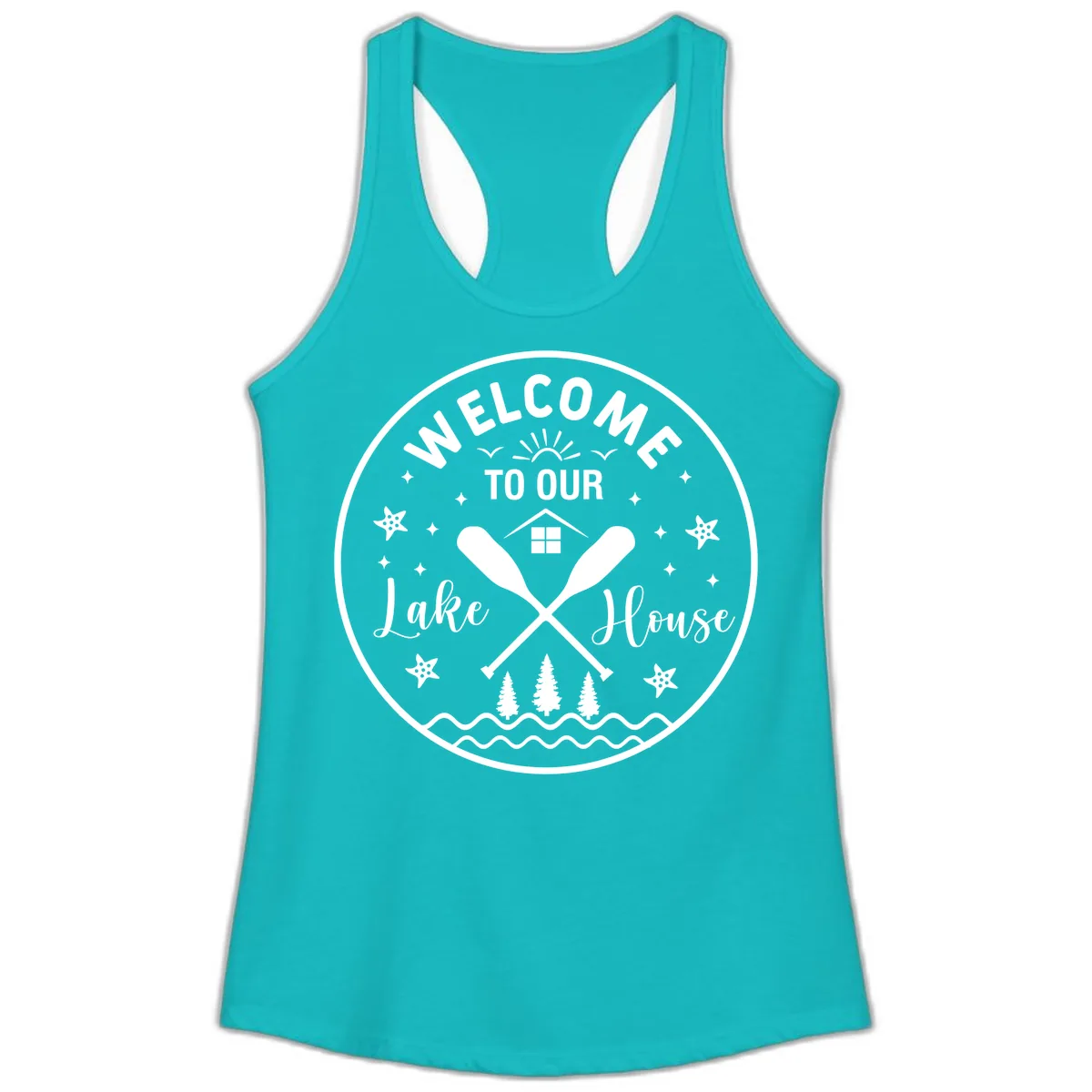 Welcome To Our Lake House Round Design Ladies Tank in Tahiti Blue