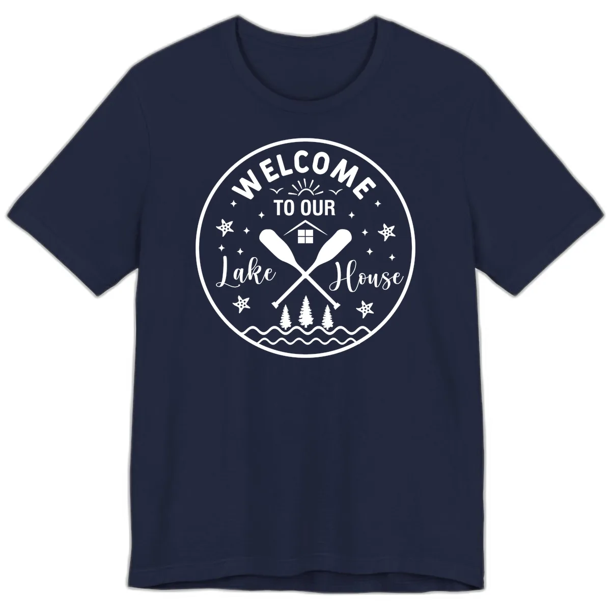 Welcome To Our Lake House Round Design Premium T-Shirt in Navy