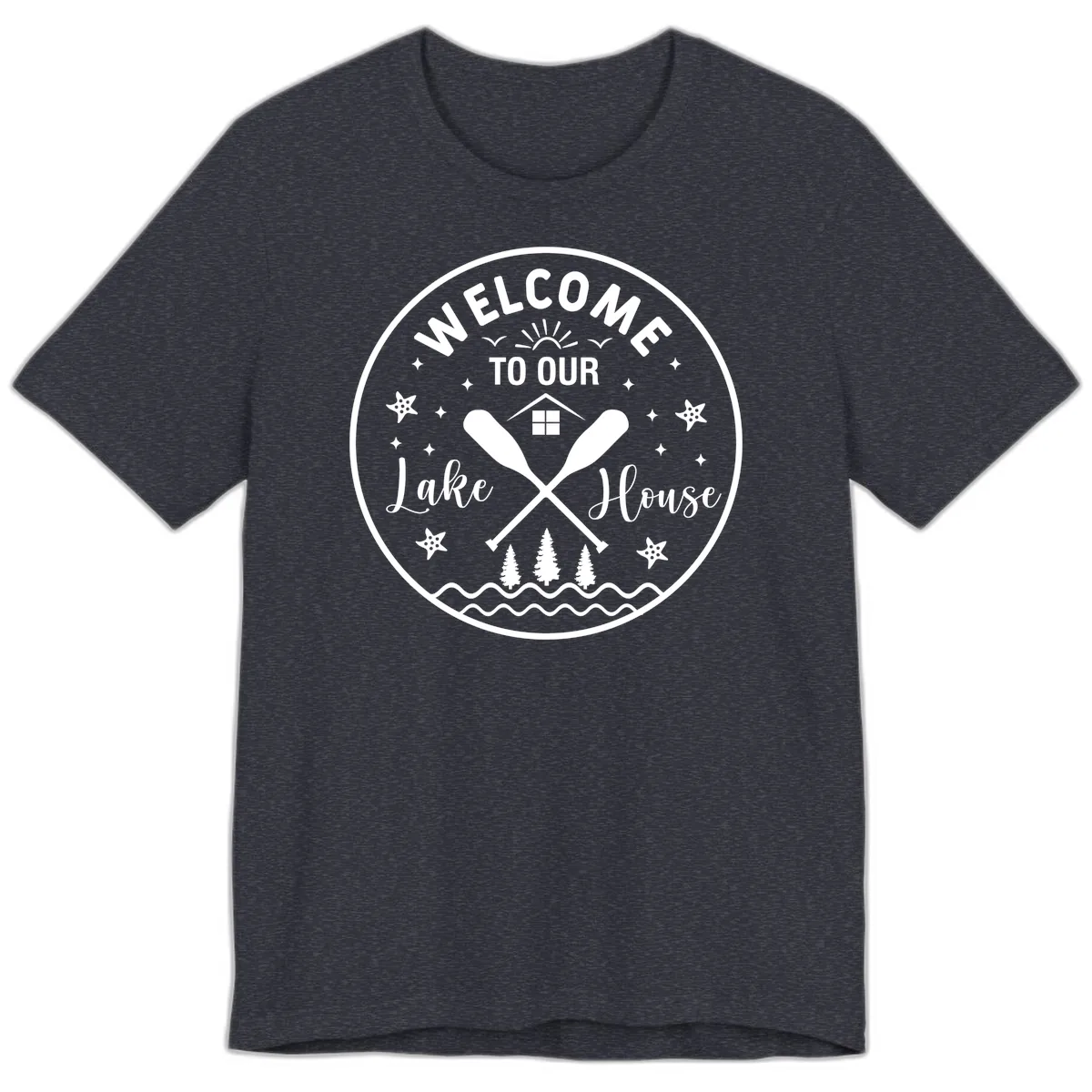Welcome To Our Lake House Round Design Premium T-Shirt in Heather Navy