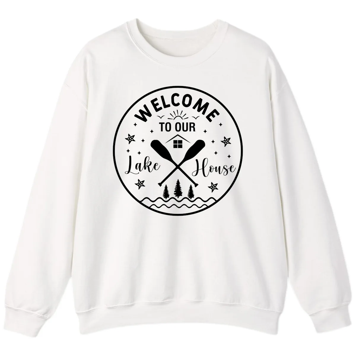 Welcome To Our Lake House Round Design Sweatshirt in White