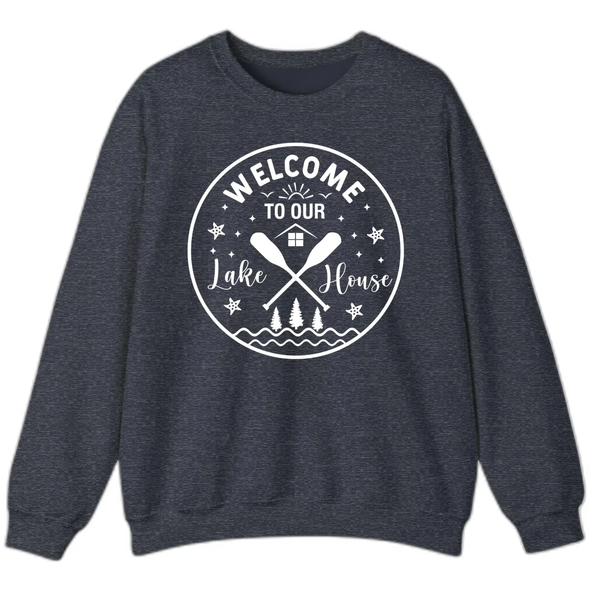 Welcome To Our Lake House Round Design Sweatshirt in Heather Sport Dark Navy