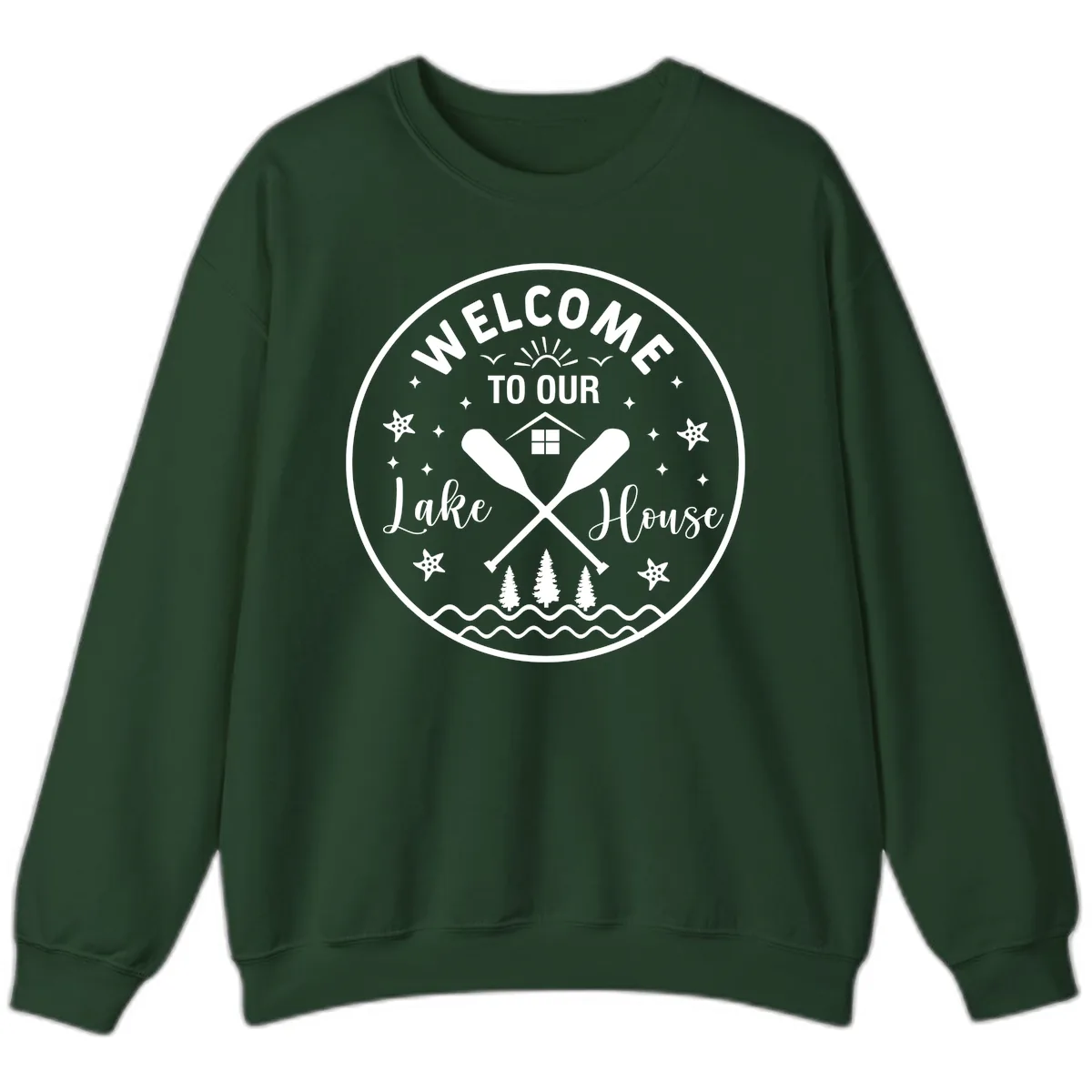 Welcome To Our Lake House Round Design Sweatshirt in Forest Green