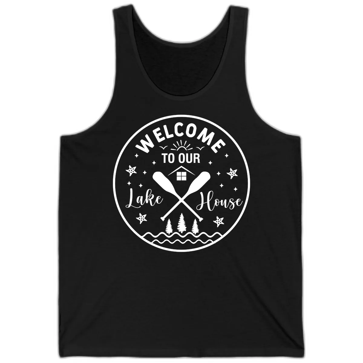 Welcome To Our Lake House Round Design Tank in Black