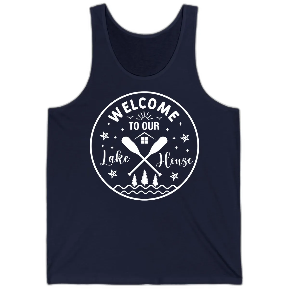 Welcome To Our Lake House Round Design Tank in Navy