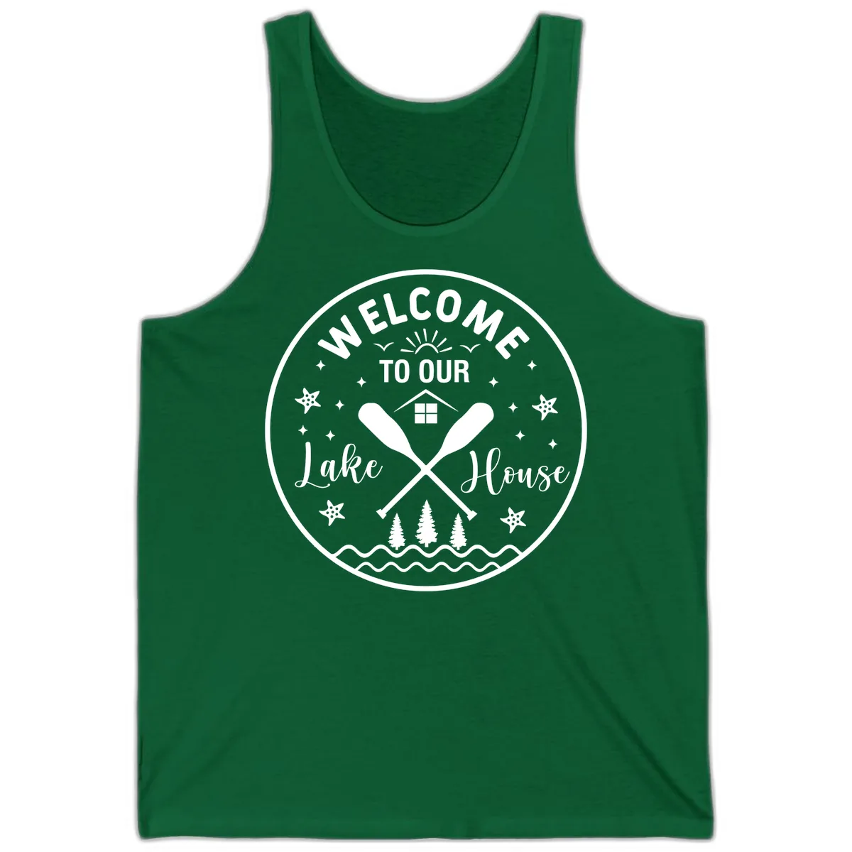 Welcome To Our Lake House Round Design Tank in Kelly