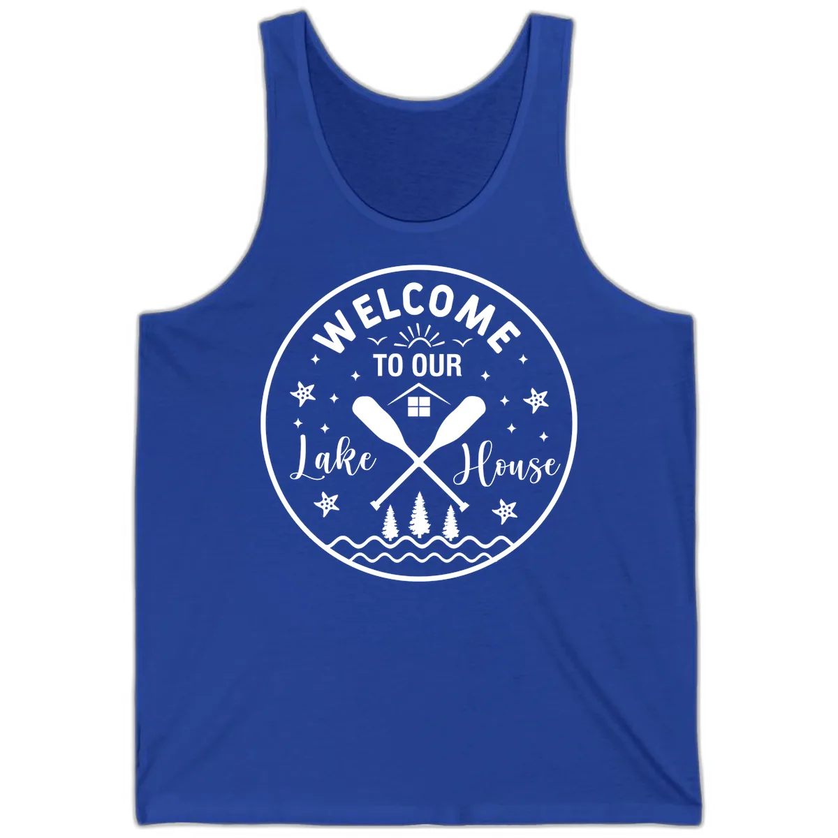 Welcome To Our Lake House Round Design Tank in True Royal