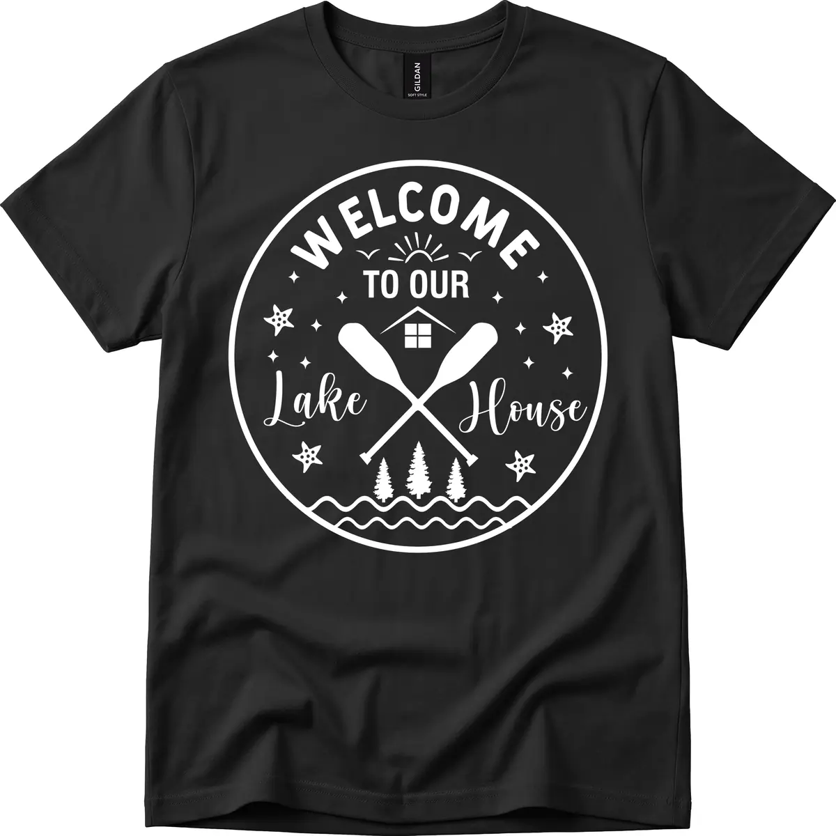 Welcome To Our Lake House Round Design T-Shirt in Black