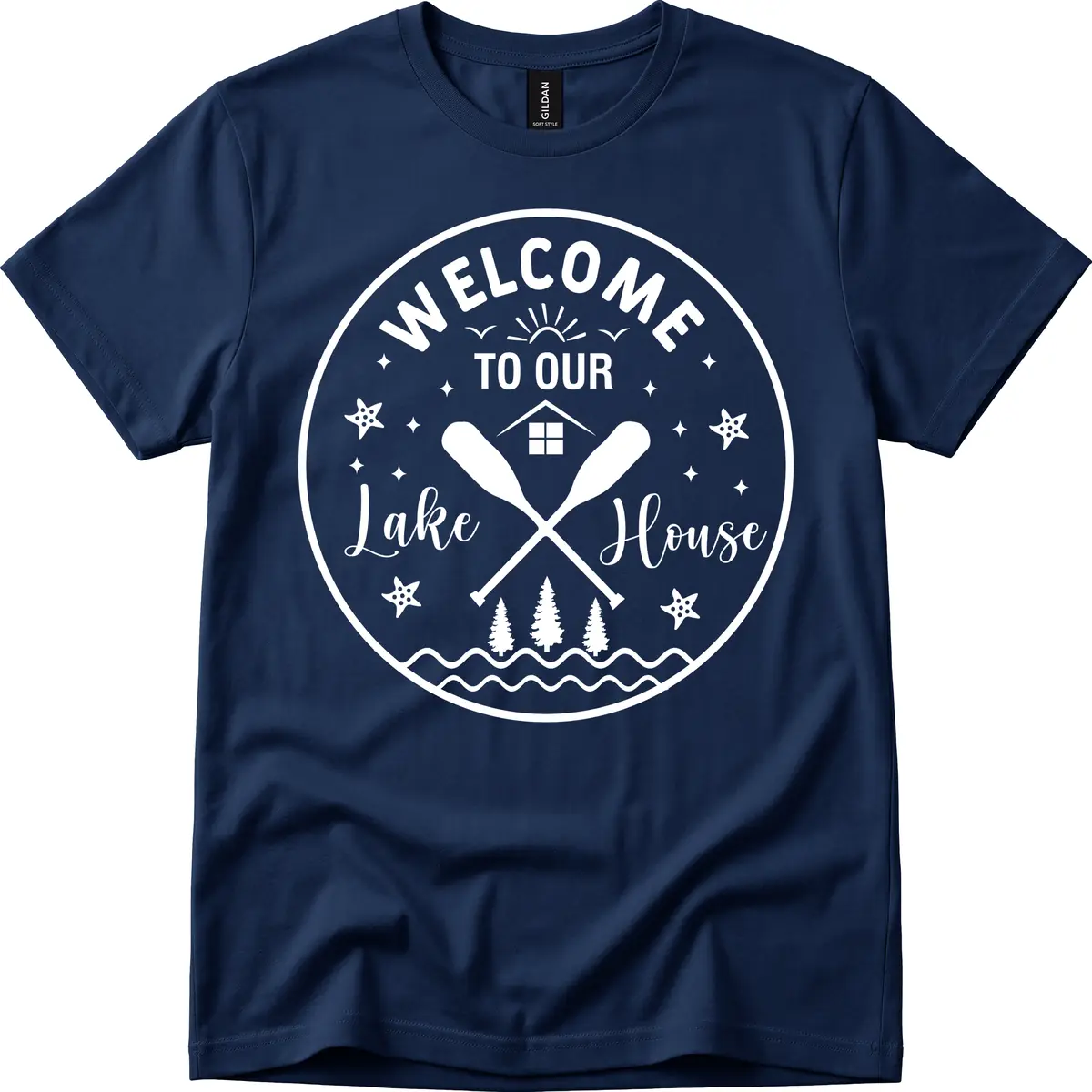 Welcome To Our Lake House Round Design T-Shirt in Navy
