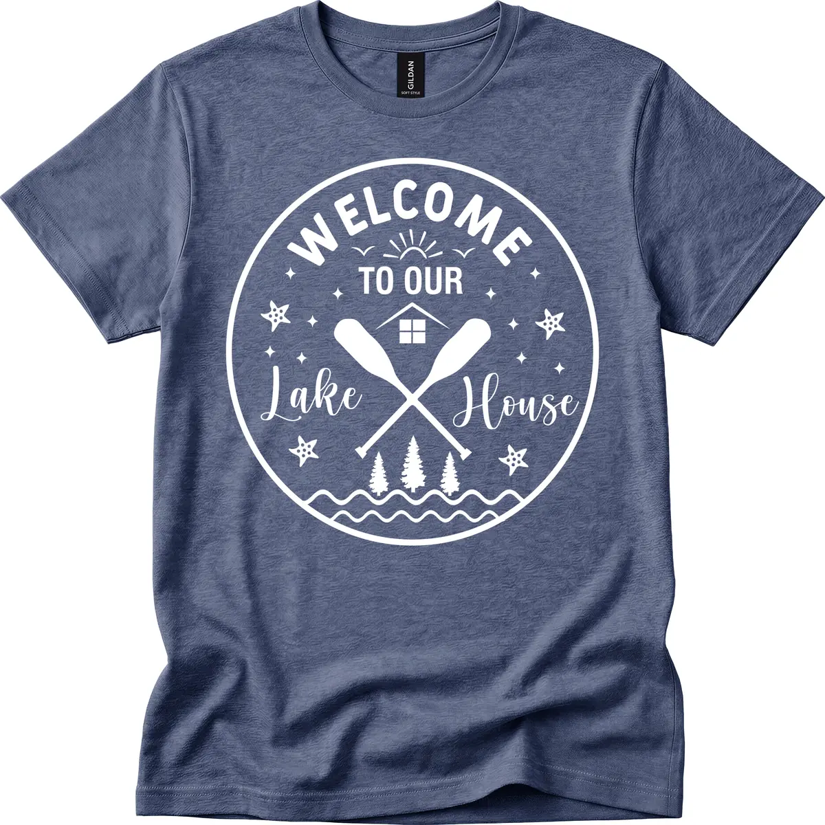 Welcome To Our Lake House Round Design T-Shirt in Heather Navy