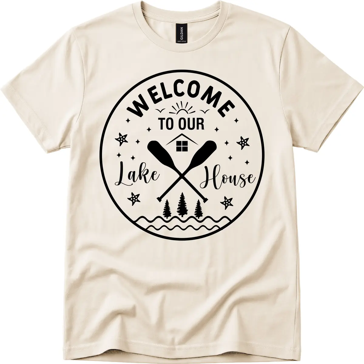 Welcome To Our Lake House Round Design T-Shirt in Natural