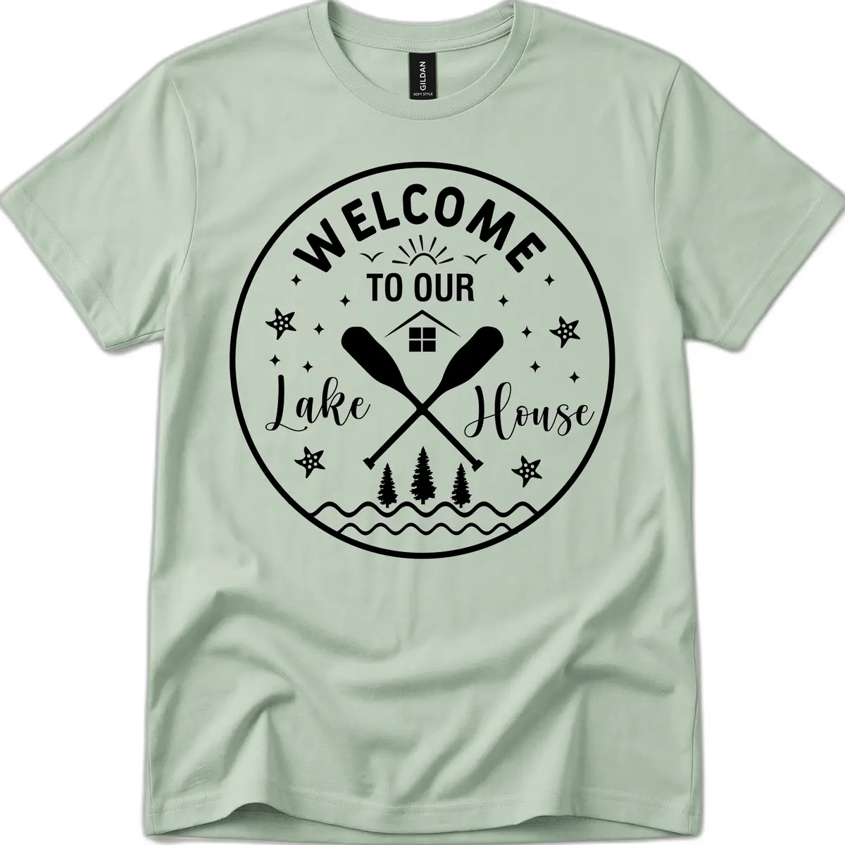 Welcome To Our Lake House Round Design T-Shirt in Sage