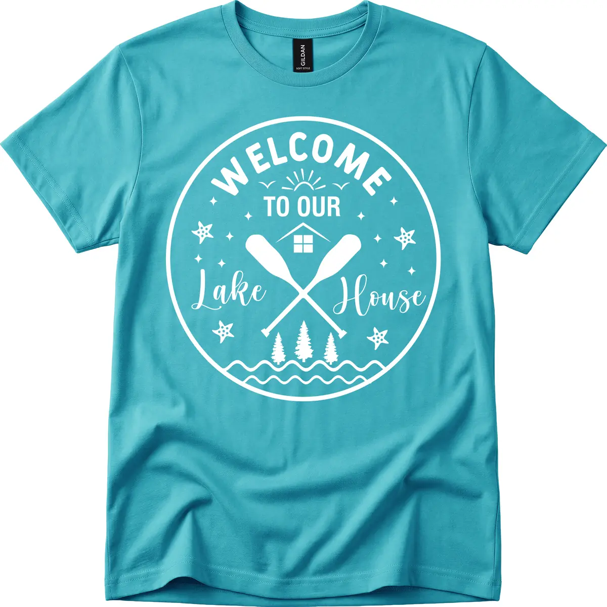 Welcome To Our Lake House Round Design T-Shirt in Tropical Blue