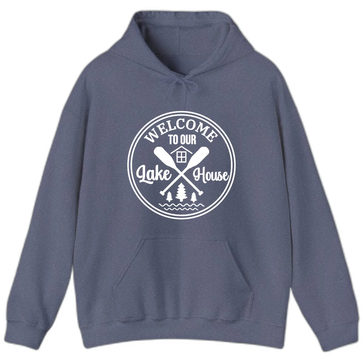 Welcome To Our Lake House Design Hoodie in Heather Navy
