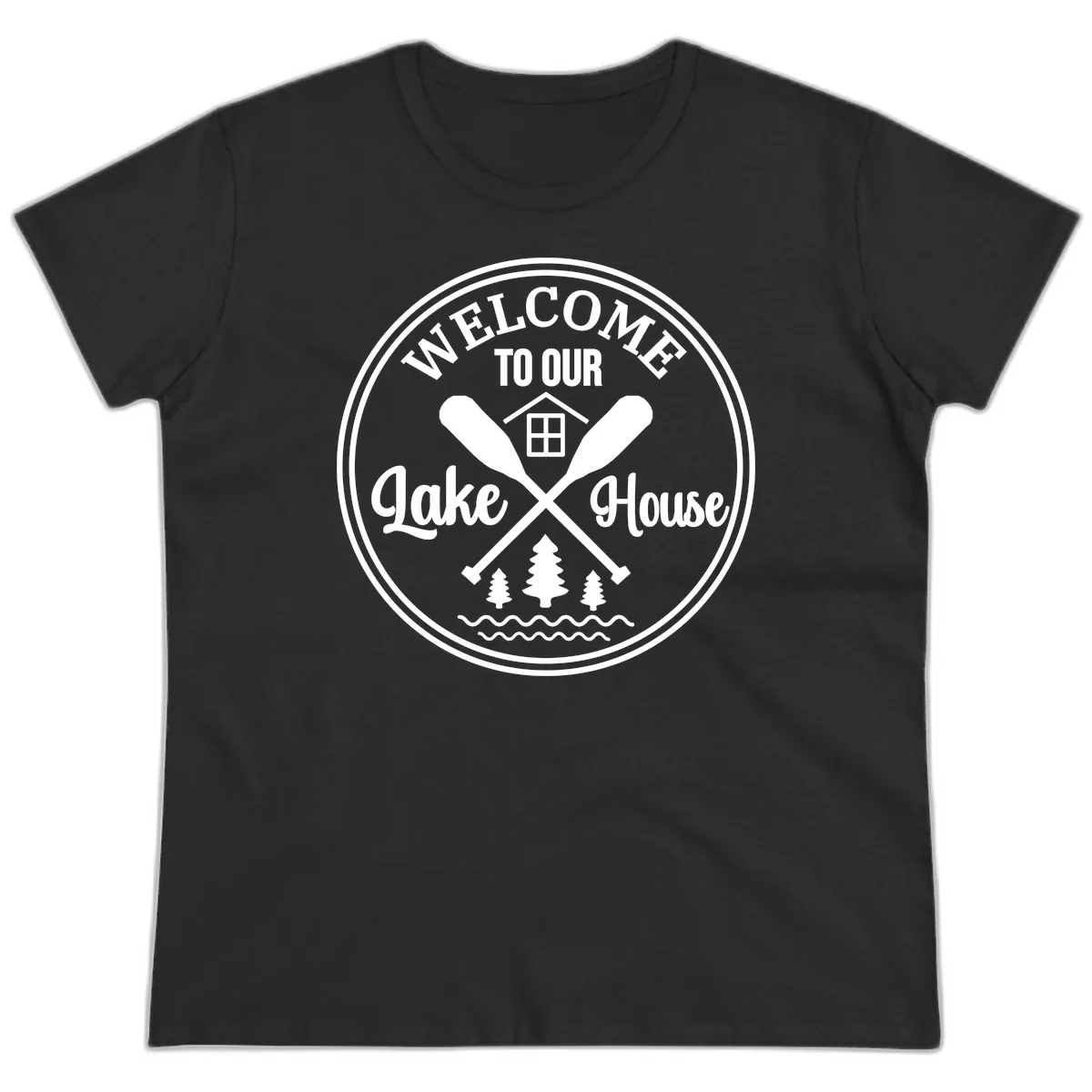 Welcome To Our Lake House Design Ladies Tee in Black