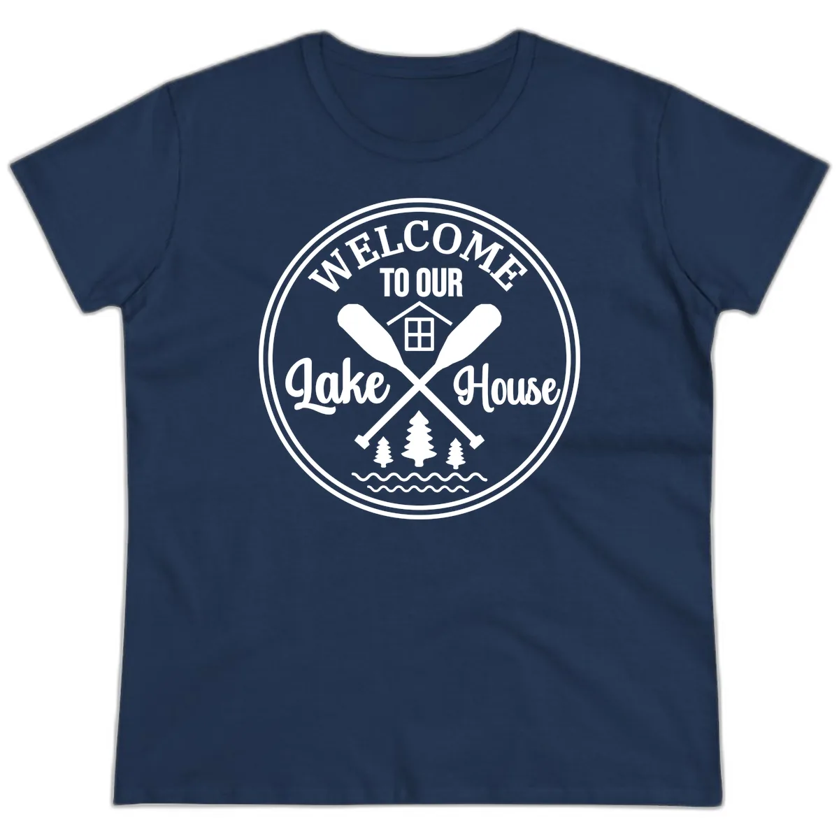 Welcome To Our Lake House Design Ladies Tee in Navy