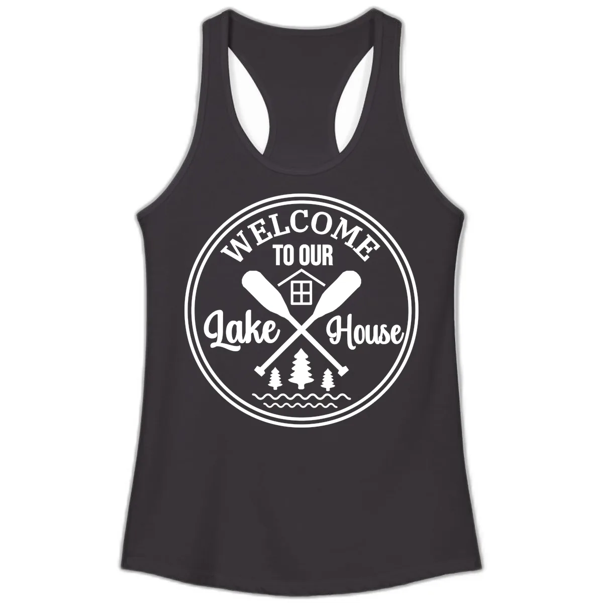 Welcome To Our Lake House Design Ladies Tank in Black