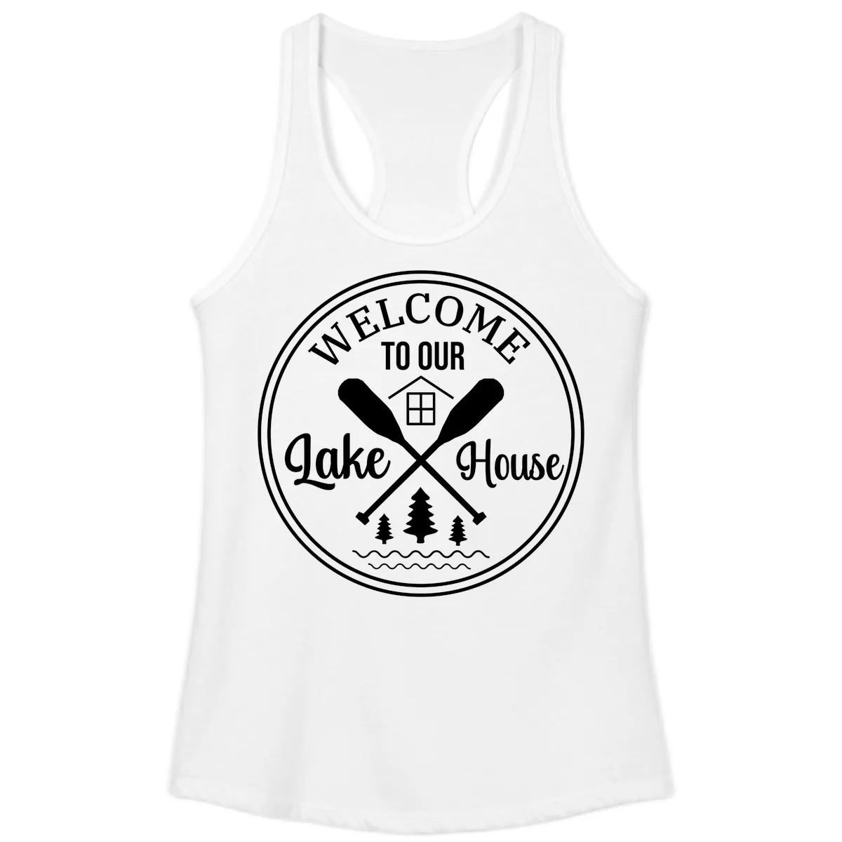 Welcome To Our Lake House Design Ladies Tank in White